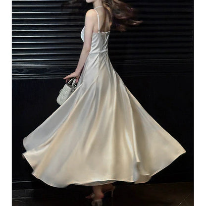 French Satin Spaghetti Strap Engagement Birthday Gown Dress