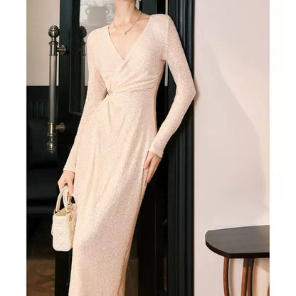 French Sequin Knit Long Sleeve Birthday Gown Dress