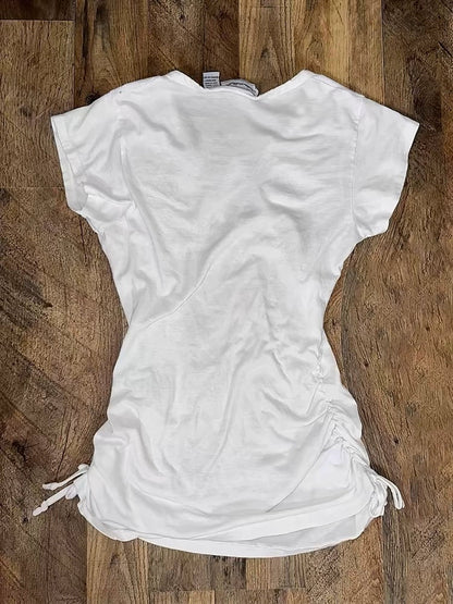 White Subculture Y2K E-girl Retro Drawstring Print V-neck Niche Waist-Cinched Short Sleeve Top