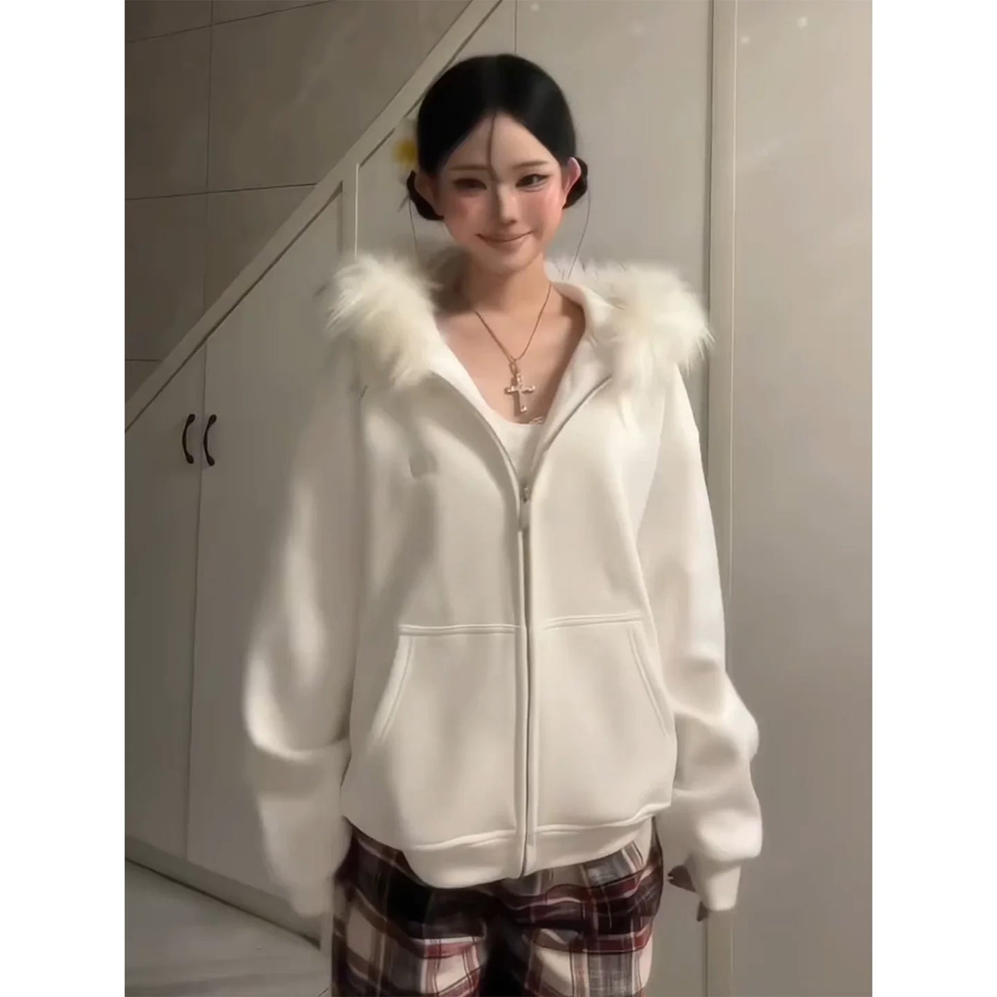 American Vintage Zip-Up Hoodie Fur Collar Heavyweight Outerwear