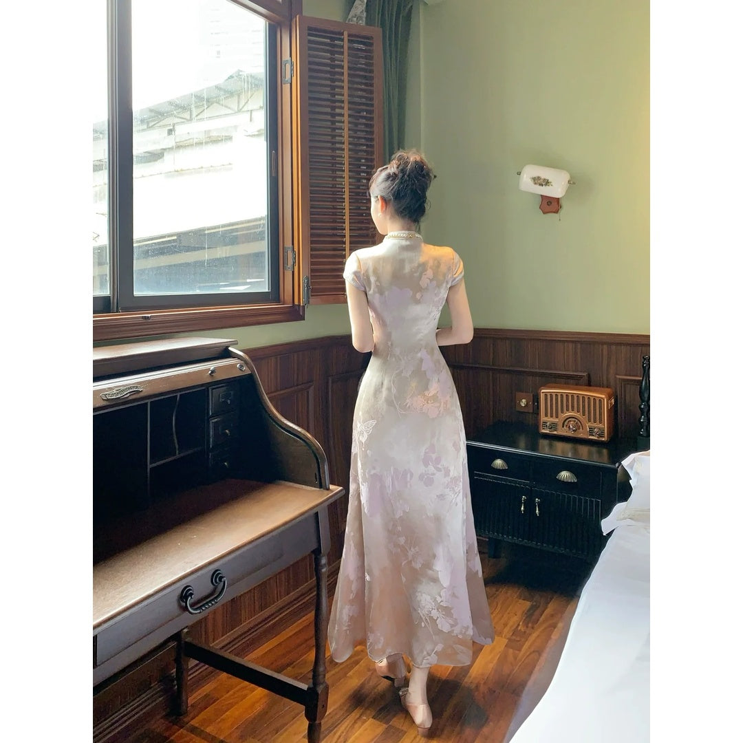 Purple Jacquard Chinese-Inspired Cheongsam Dress