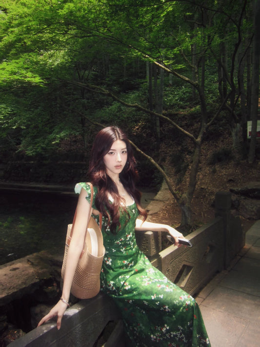 Reversible Forest Green Puff-Sleeve Maxi Dress