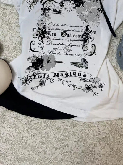 Black White Color Block Fake Two-Piece Halter Y2K T-Shirt