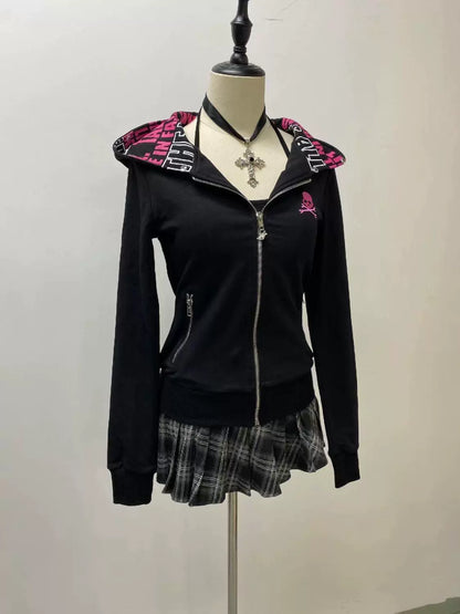 Black Zipper-Pocket Plush Hoodie Jacket Subculture Y2K E-girl Retro Autumn/Winter Niche Design Jacket