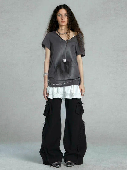 Smoky Gray Punk Y2K E-girl V-neck Lace Mystery Print Oversized Mid-Length Short Sleeve Top