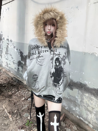 Y2K Fur Collar Zip Hoodie Subculture Street Cropped Jacket