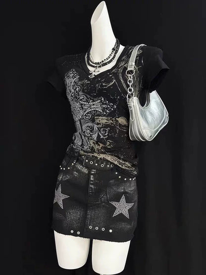 Black Subculture Gothic Rock Punk Y2K E-girl Print V-neck Waist-Cinched Short Sleeve Top