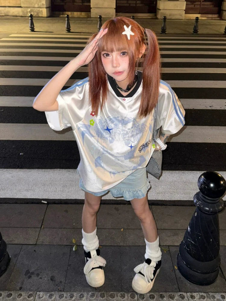 American Retro Jersey Tee Summer Anime Girl Print Loose V-Neck Top