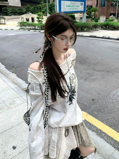 Y2K Asymmetric Mesh Hoodie for Spring Autumn