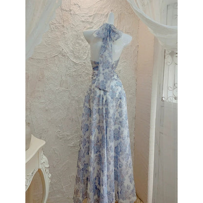 Halter Floral Print Ruffle Waist Gown Dress