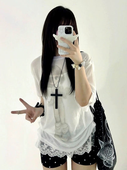 Y2K White Angel Sheer Tee Otaku Soft Mesh Layer Top