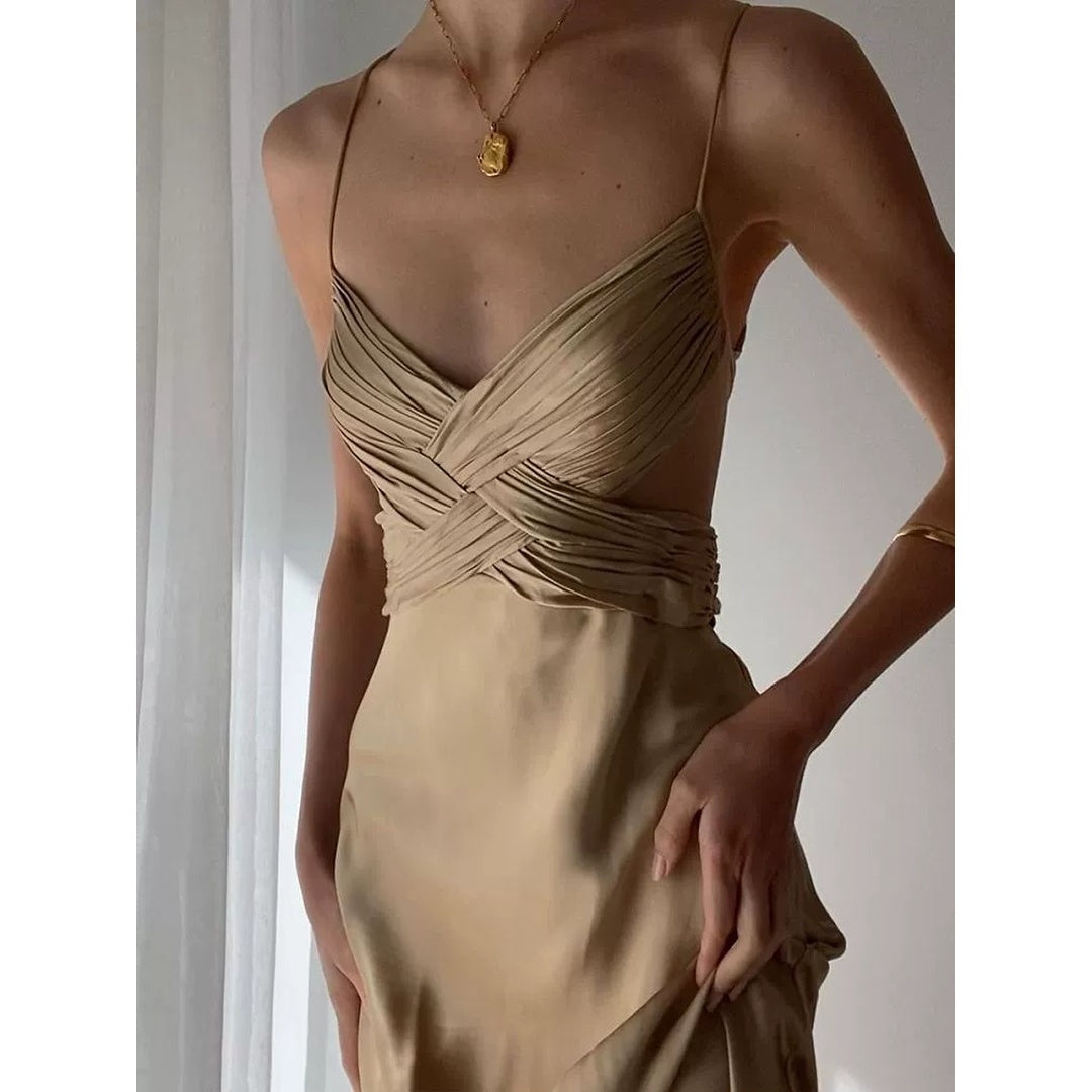 French V-Neck Cross Satin Spaghetti Strap Gown Dress