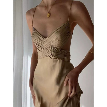 French V-Neck Cross Satin Spaghetti Strap Gown Dress