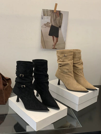 Fall Winter New French Retro Pointed Toe Thin Heel Ankle Boots Suede Slouchy Chunky Heel Western Boots
