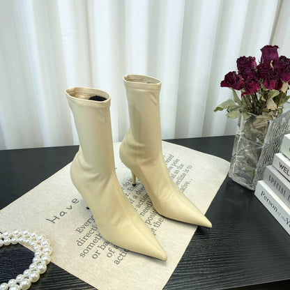 European Sexy High Heel Slim Boots Spring Autumn Colorful Mid Calf Sock Boots Pointed Toe Thin Heel Stretchy Boots Women