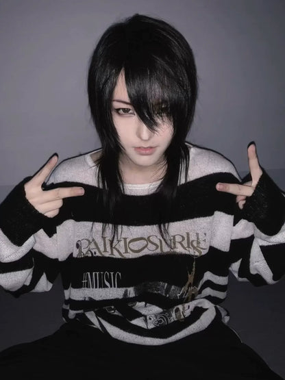 Visual Kei Black & White Striped Sweater Autumn-Winter Portrait Print Knit Top
