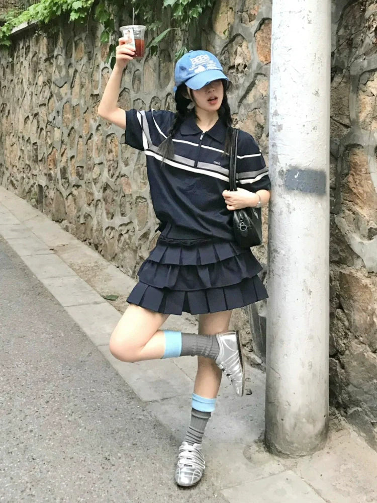 Striped Polo Tee with Puff Sleeves Loose Half-Zip Crop Top