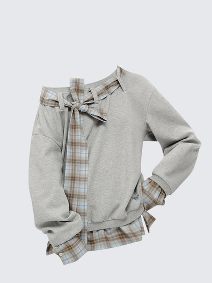 American Plaid Bow Shoulder Sweatshirt
