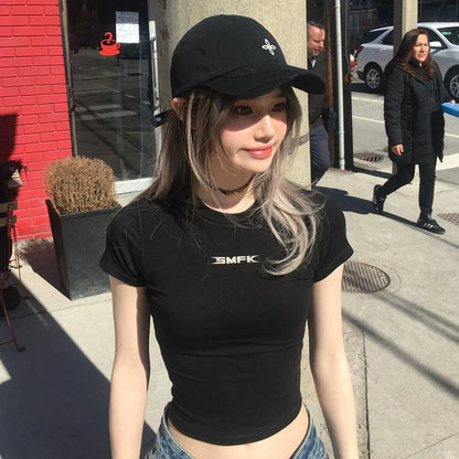 American Letter Print Fitted Crop Tee Stretch Cotton Structured Shoulder Short Sleeve Top