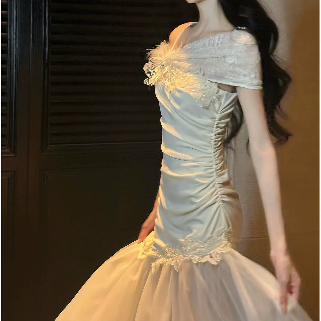 French Lace Tulle One Shoulder Mermaid Gown Dress