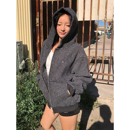 Retro Striped Zip Up Hoodie Wool Blend Oversized Top