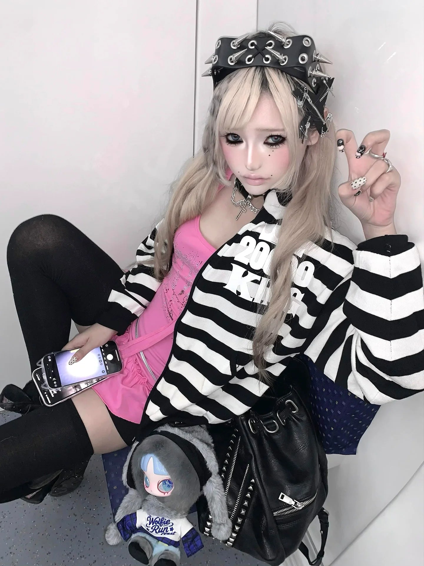 Y2K Black and White Stripe Skull Print Zip Up Hoodie