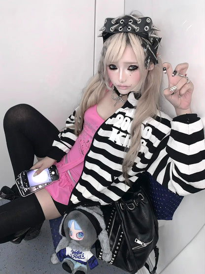 Y2K Black and White Stripe Skull Print Zip Up Hoodie