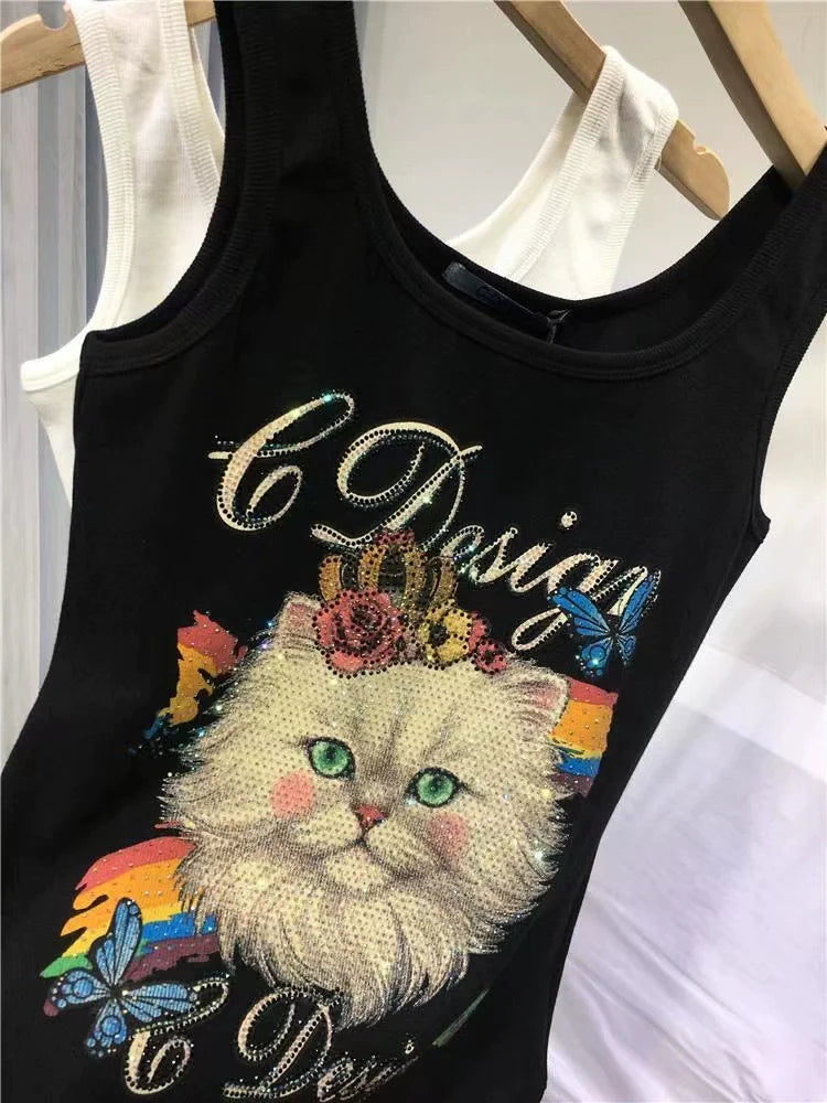 Black Punk Heavy Rhinestone Cat Y2K Tank Top