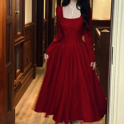 French Red Long Sleeve Swing Gown Dress