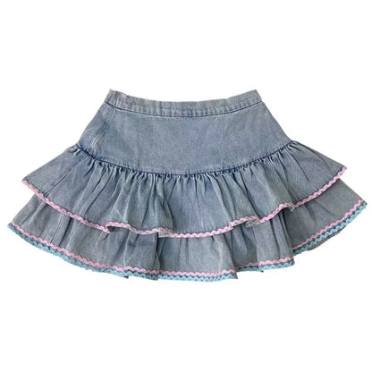 Denim Puff Cake Skirt Subculture Y2K E-girl Japanese Cute High-Waisted Slimming Fluffy Skirt (Summer)
