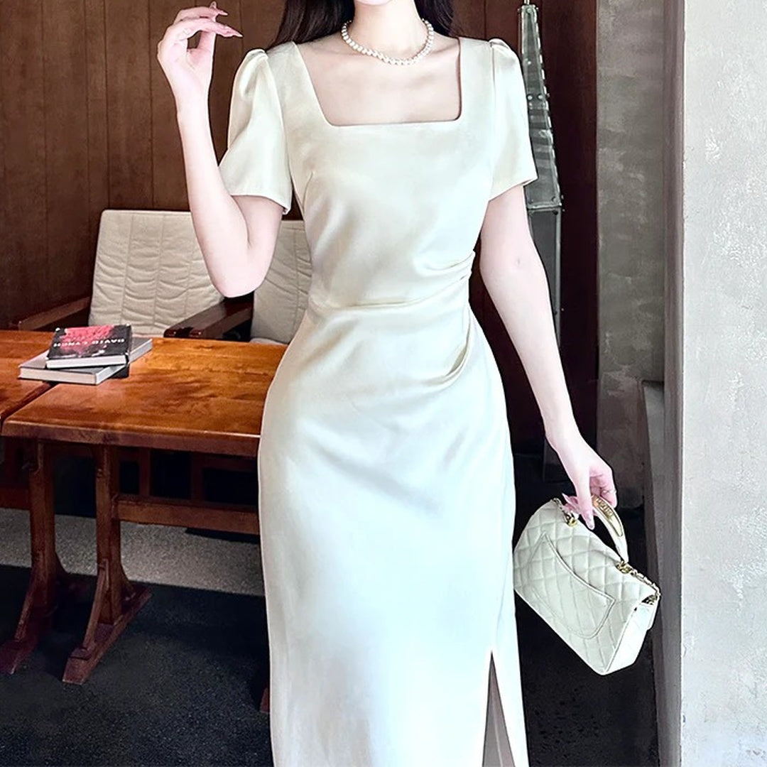 French White Short Sleeve Satin Engagement Gown Dress