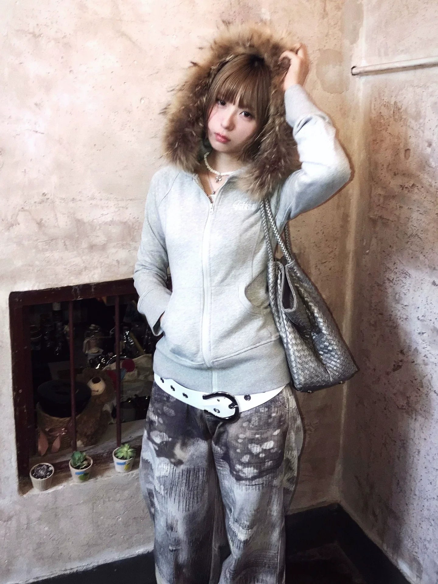 Detachable Fur Collar Zip Up Hoodie Slim Fit Y2K Top