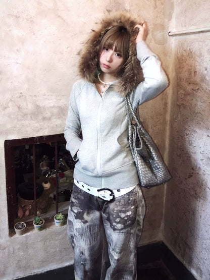 Detachable Fur Collar Zip Up Hoodie Slim Fit Y2K Top