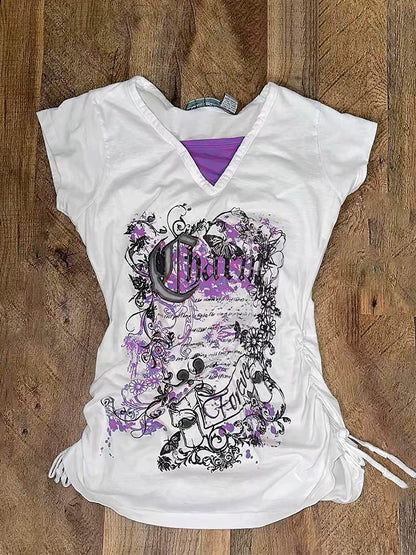 White Subculture Y2K E-girl Retro Drawstring Print V-neck Niche Waist-Cinched Short Sleeve Top