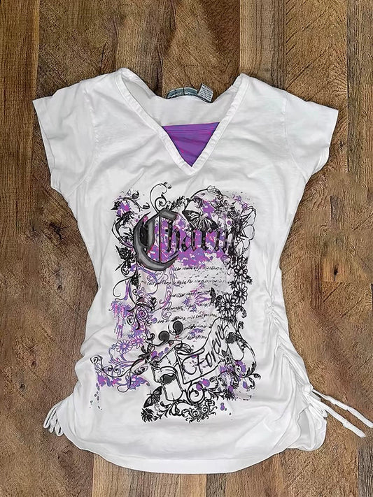 White Subculture Y2K E-girl Retro Drawstring Print V-neck Niche Waist-Cinched Short Sleeve Top
