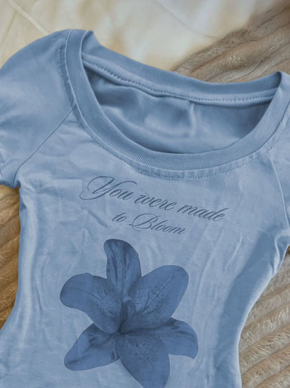 Blue Vintage Print Cropped Slim Y2K T-Shirt