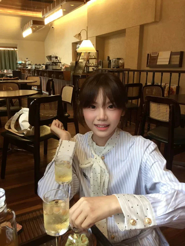 Korean-Style Polka Dot Cardigan + Stripe Dress Two-Piece Set