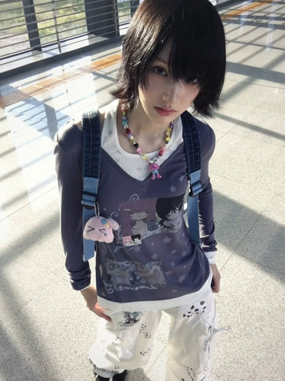 Cute Y2K Layered Long Sleeve Tee Cat Girl Print