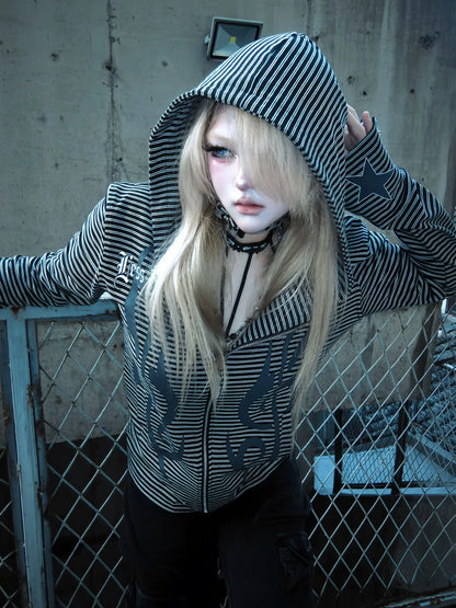 Y2K Striped Zip Up Hoodie Cardigan
