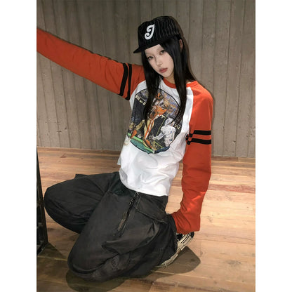 Retro White and Orange Color Block Raglan Long Sleeve Top