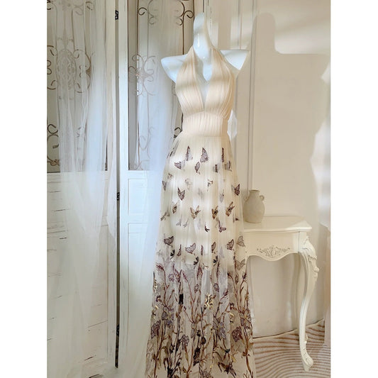 Butterfly Dream V-Neck Spaghetti Gown Dress – French Resort Dress