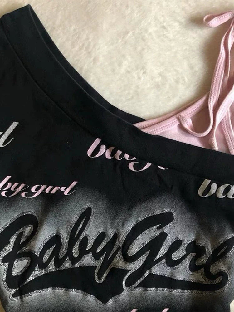 Black Subculture Y2K E-girl Abi American Retro Asymmetrical Shoulder Letter Tank Top