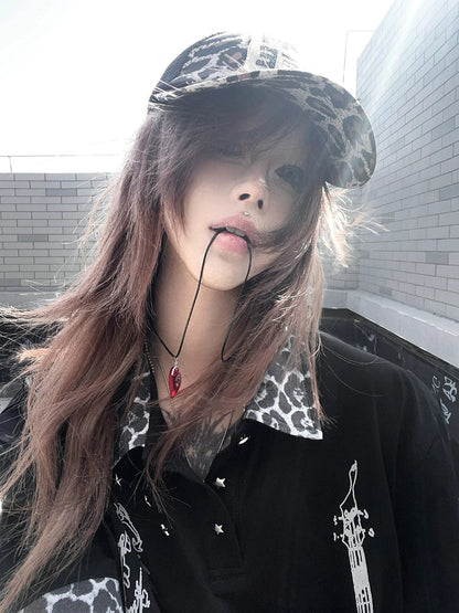 Y2K Leopard Patch Polo Tee