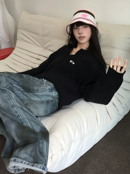 Lazy Style Black V-Neck Knit Sweater Early Autumn Loose Pullover Knitwear