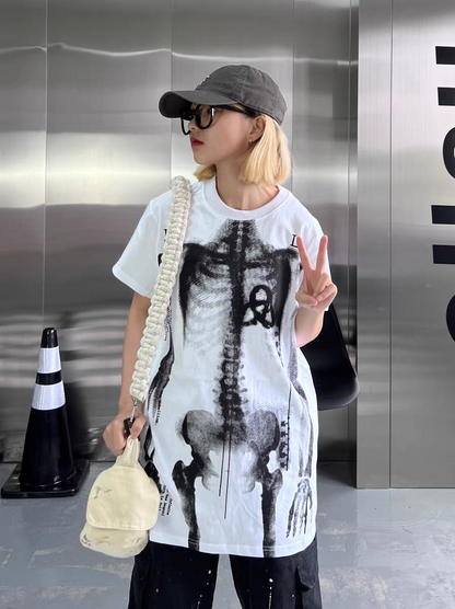 Human Skeleton Punk Bone Print Oversized Mid-Length Y2K T-Shirt