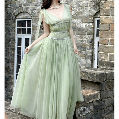 French V-Neck Green Chiffon Resort Gown Dress