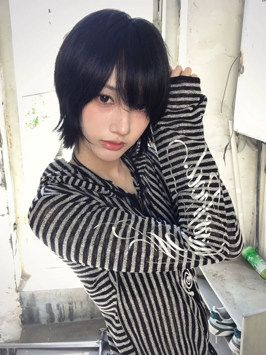 Y2K Striped Hooded Cutout Cardigan