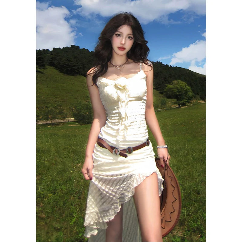 French Textured Knit Halter Waist-Cinched Asymmetrical Beach Vacation Maxi Dress