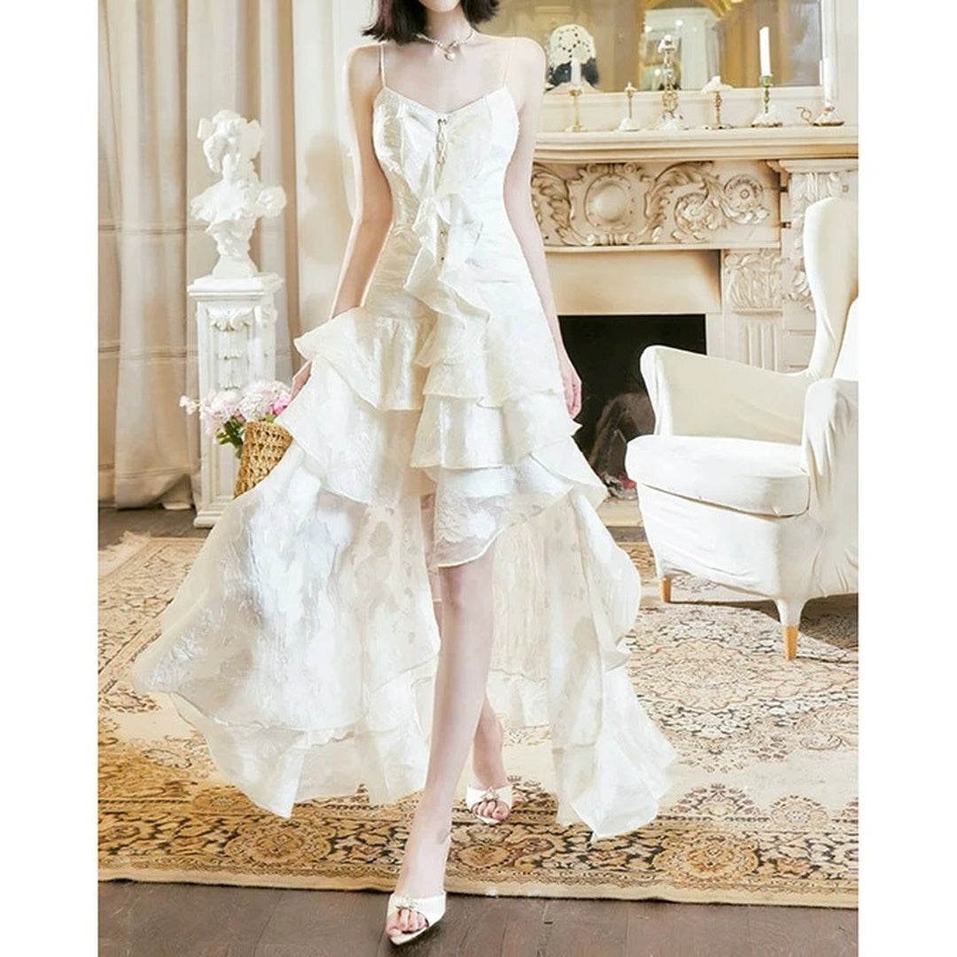 French Asymmetrical Jacquard Drawstring Gown Dress