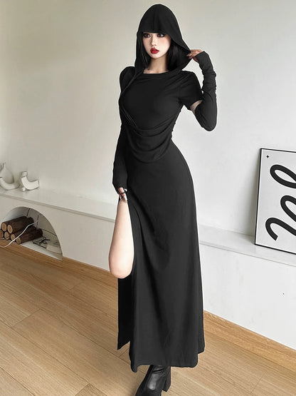 Retro Wasteland Style Hooded Ruched High-Slit Maxi Dress